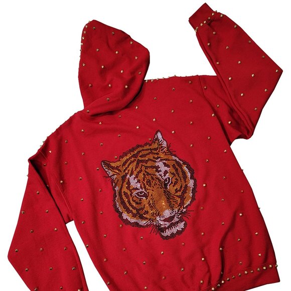 Bengal Tiger Studded Unisex Red Hoodie - Picture 2 of 7